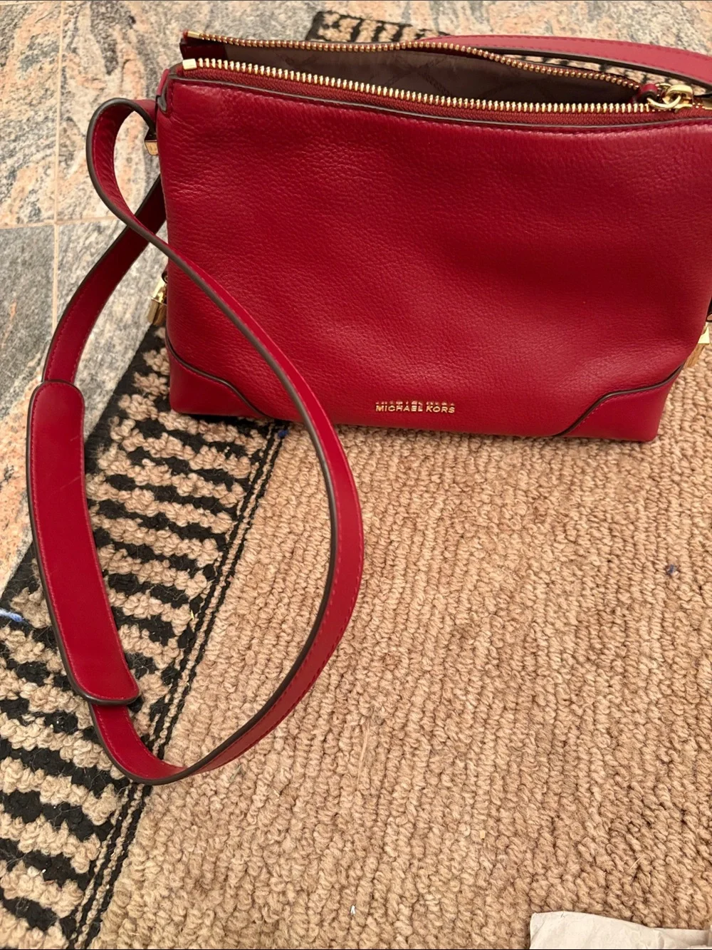 Michael Kors Red Pebbled Leather Crossbody with Gold Accents